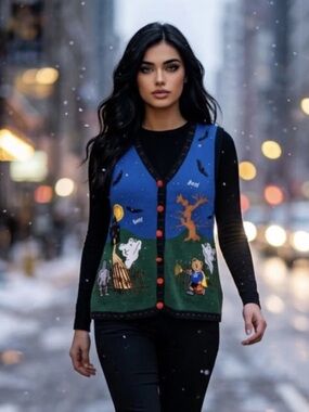 Holiday Editions Ghost Bear Halloween Beaded Women's Sweater Vest Grandmacore 1X